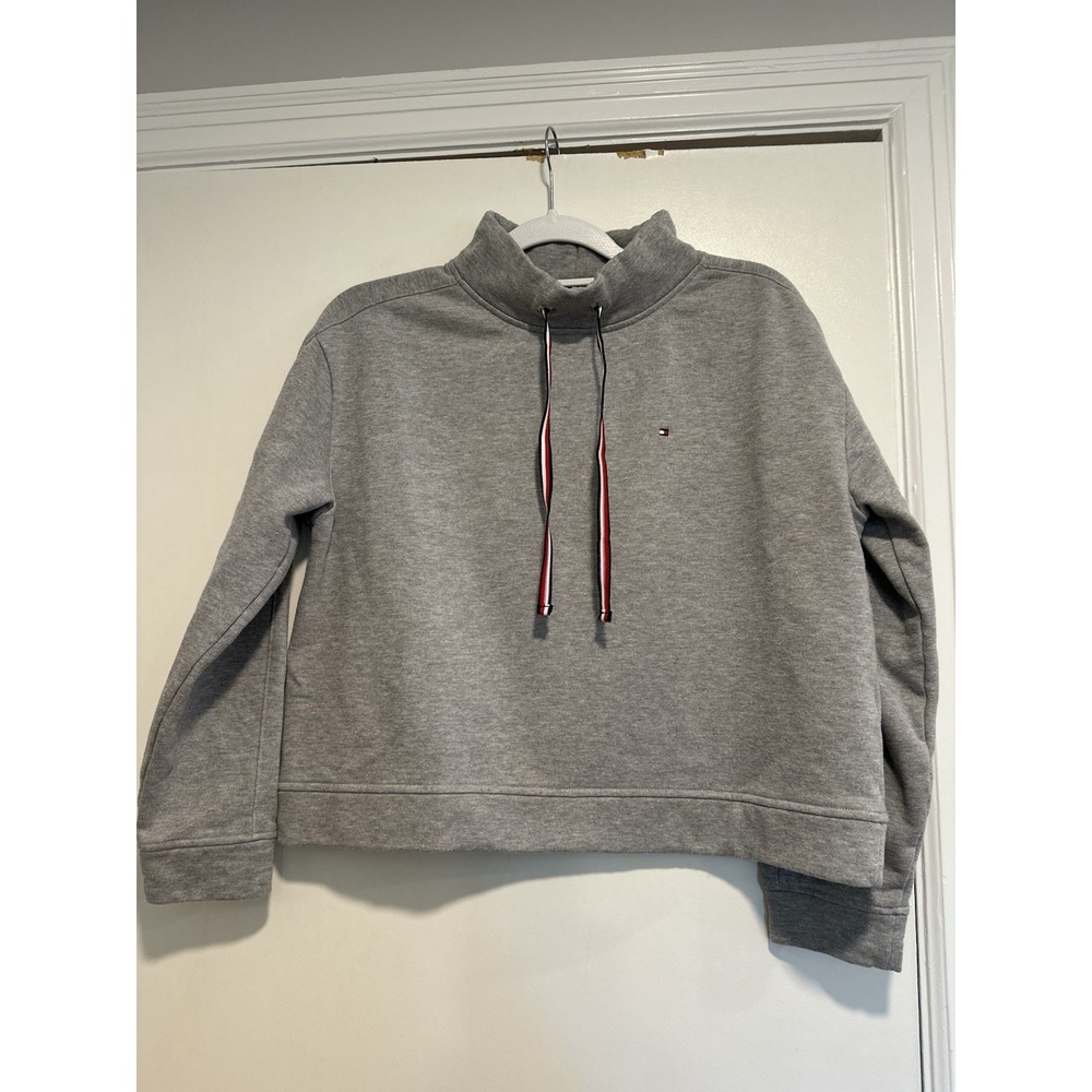 Tommy Hilfiger Preppy Sporty Mock Neck Pullover Sz:M Gray Cropped Fleece Cotton